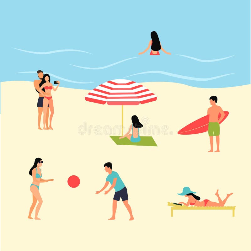 Abstrakte Karikaturleute auf dem Strand Surferjunge, Leutespiel wi stock abbildung Abstrakte Karikaturleute auf dem Strand Surferjunge, Leutespiel wi stock abbildung