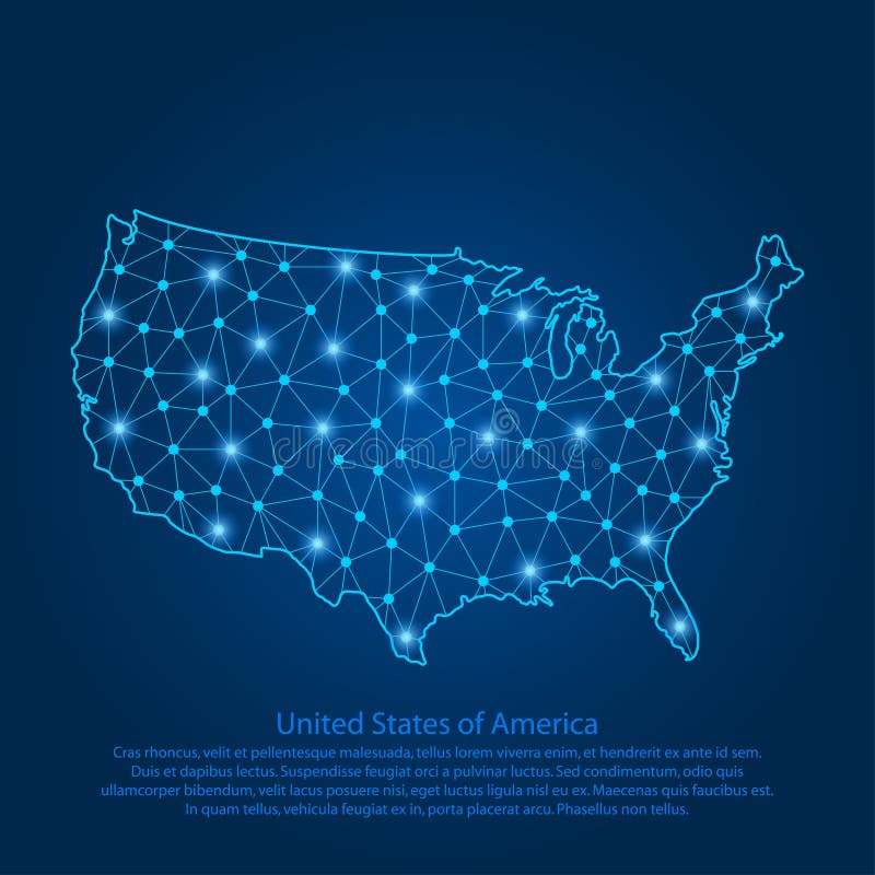 Abstract map of the USA created from lines, bright points and polygons in the form of starry sky, space and planets. Map of United States of America with stars, universe and connected line. Vector. Abstract map of the USA created from lines, bright points and polygons in the form of starry sky, space and planets. Map of United States of America with stars, universe and connected line. Vector.