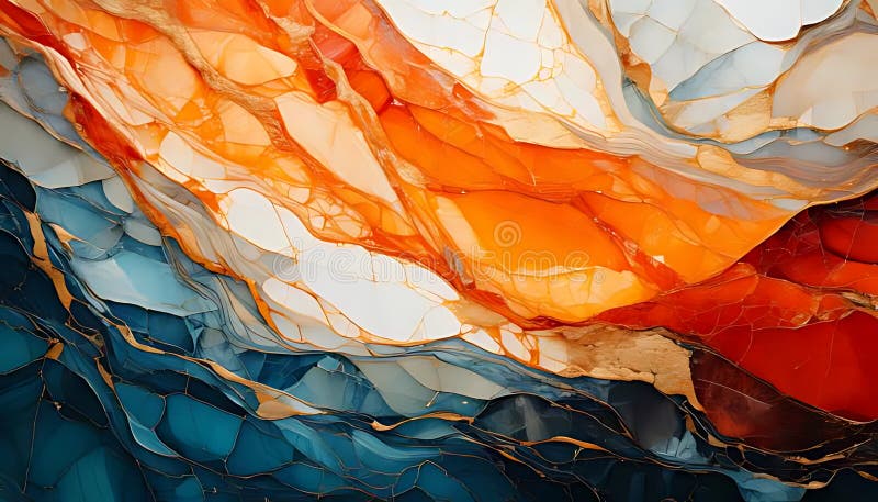 Abstrakte Kunstwerke mit gebrochenen blauen Orange- und Weißprofilen, goldene Linien vektor abbildung
