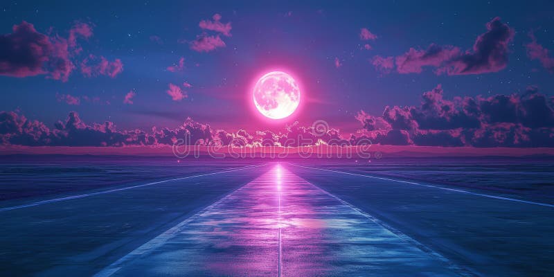 Abstrakte Luftansicht einer metallischen Start- und Landebahn unter Vollmond stockfotos