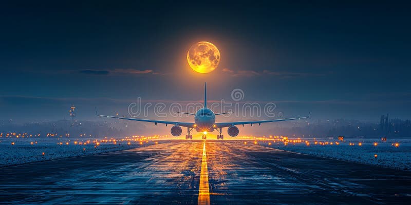 Abstrakte Luftansicht einer metallischen Start- und Landebahn unter Vollmond lizenzfreie stockbilder