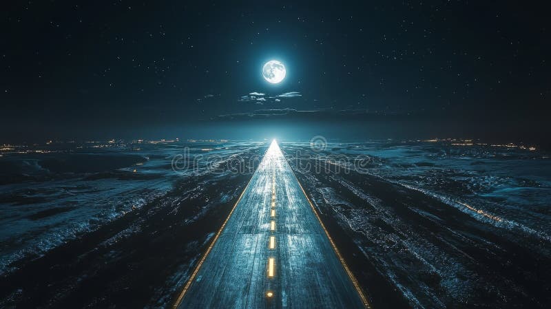 Abstrakte Luftansicht einer metallischen Start- und Landebahn unter Vollmond stockfoto