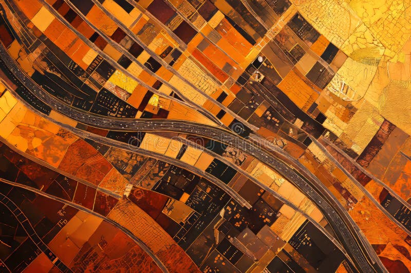 Abstrakte Luftansicht eines Stadtbildes mit geometrischen Mustern von Straßen und Gebäuden mit stockfotografie