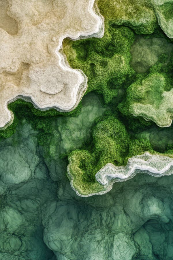 Abstrakte Luftaufnahme grüner Algen- und Salzformationen auf der Wasseroberfläche. lizenzfreies stockfoto