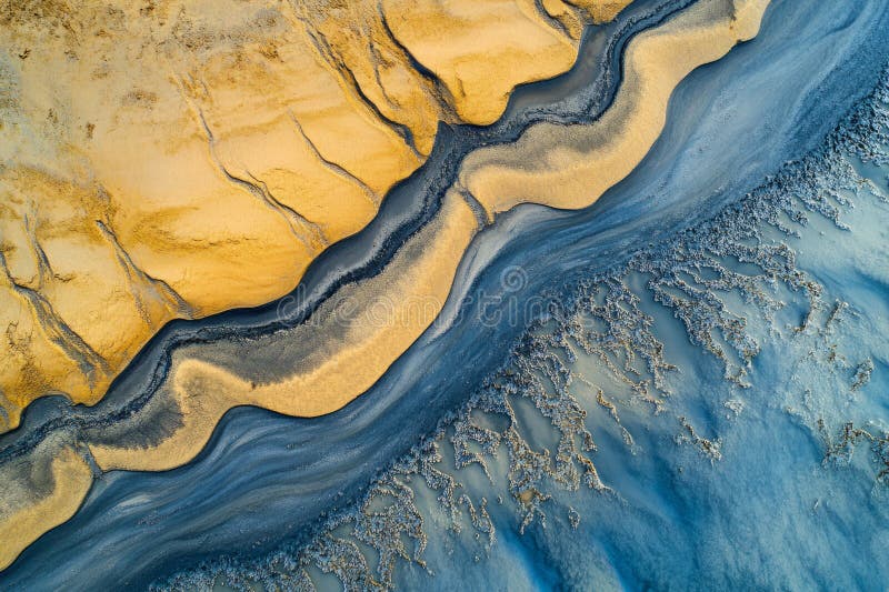 Abstrakte Luftlandschaft einer Wüste mit goldenen Sanddünen und klarem blauen Himmel, die zu einem stockbild