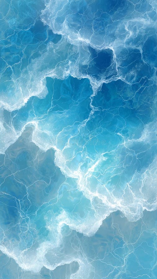 Abstrakte Luftsicht von schaumigen Meereswellen in lebhaften blauen Tönen stockfotografie