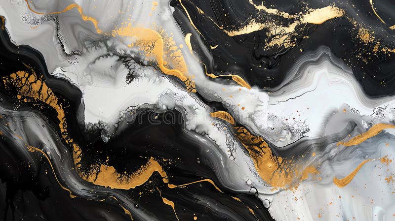 Abstrakte luxuriöse flüssige Kunstmalerei in schwarz weiß und gold. eleganter Marmorhintergrund oder Textur mit schillerndem Farbe stockbilder