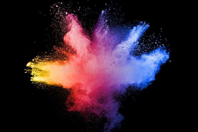 Abstract multicolored powder explosion on black background. Freeze motion of color dust particles splash. Painted Holi. Abstract multicolored powder explosion on black background. Freeze motion of color dust particles splash. Painted Holi.