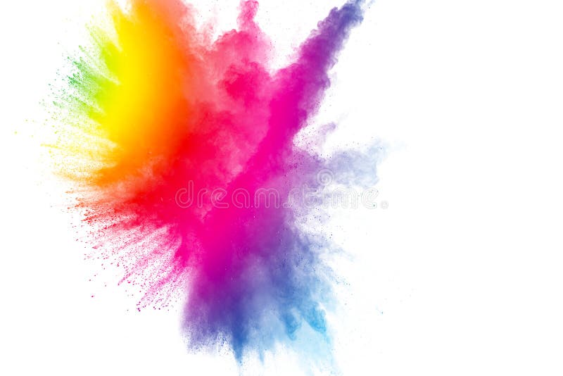 Abstract multicolored powder explosion on white background. Freeze motion of color dust particles splash. Painted Holi. Abstract multicolored powder explosion on white background. Freeze motion of color dust particles splash. Painted Holi