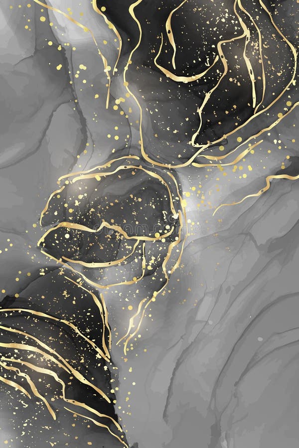 Abstrakte schwarze Flüssigkeit Aquarell Hintergrund mit goldenen Rissen. Zeicheneffekt aus dunklem Marmor. Vektor stock abbildung