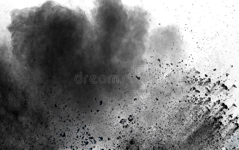 Abstrakte schwarze Staubexplosion auf weißem Hintergrund