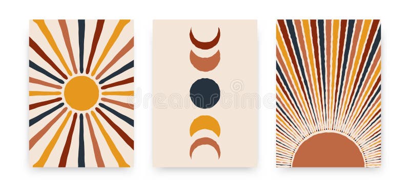 Abstrakte Sonnenmondplakate. moderne Hintergründe haben von Abdeckungen moderner boho Art ein. Mitte des Jahrhundertswanddekorvekt