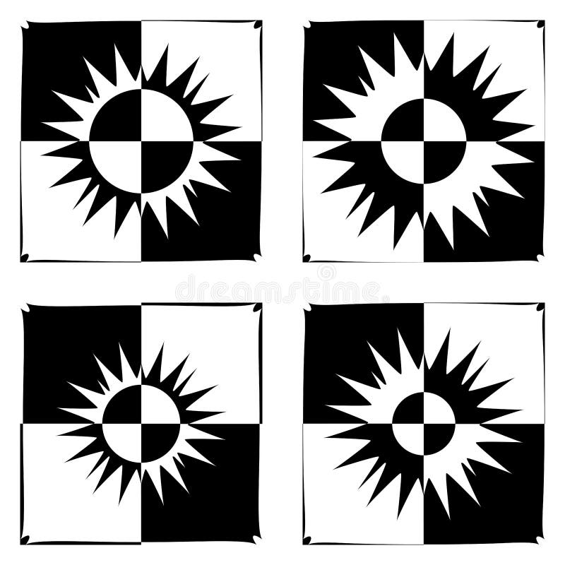Abstrakte Sonnensymbole auf karierten schwarz-weißen Mustern vektor abbildung