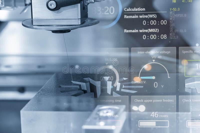 Abstract scene the wire EDM machine cutting the mold parts and graphic data background. The die insert cutting process by wire cut machine control by CNC program. Abstract scene the wire EDM machine cutting the mold parts and graphic data background. The die insert cutting process by wire cut machine control by CNC program