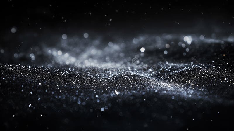 Abstrakte Wellen schimmernder Schwarz- und Silberpartikel, die eine dynamische kosmische Szene mit funkelnden Höhepunkten und Tief stock abbildung