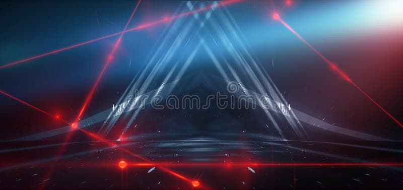 Abstrakter blauer Hintergrund mit Neonlicht, Tunnel, Korridor, rote Laser-Strahlen, Rauch