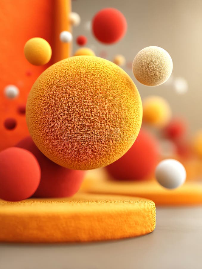 Abstrakter 3D-Render : Floating Orange Red and Cream Textured Spheres auf Plattform. Lebhafte Farbpalette perfekt für moderne vektor abbildung