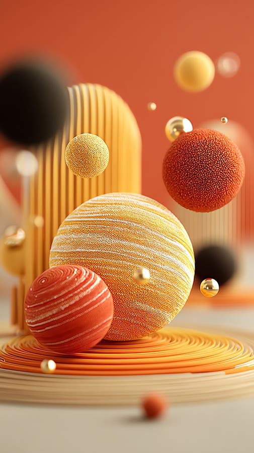 Abstrakter 3D-Render : Schwebende Orangen- und Goldgetexturierte Welten Dynamische Zusammensetzung mit kreisförmigen Elementen. Pe lizenzfreie abbildung