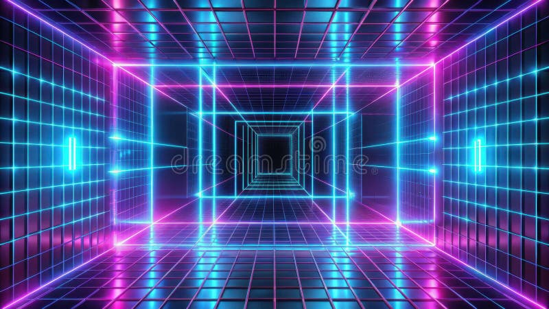 Abstrakter futuristischer Neongitterkorridor mit blauen und rosa leuchtenden Linien. Generative AI stock abbildung