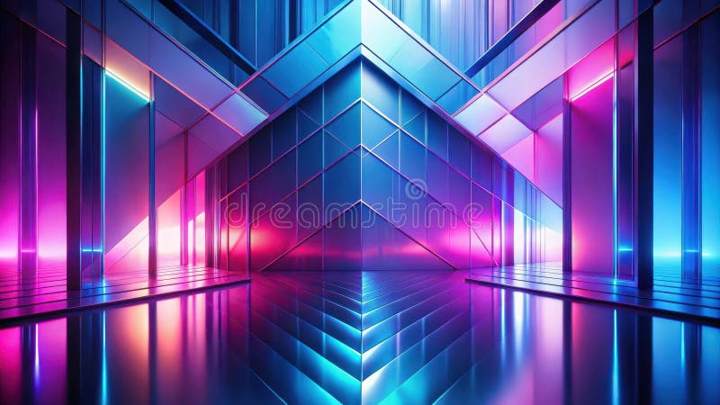 Abstrakter futuristischer Neonkorridor mit reflektierendem Boden und geometrischen Wänden. Generative AI lizenzfreie abbildung