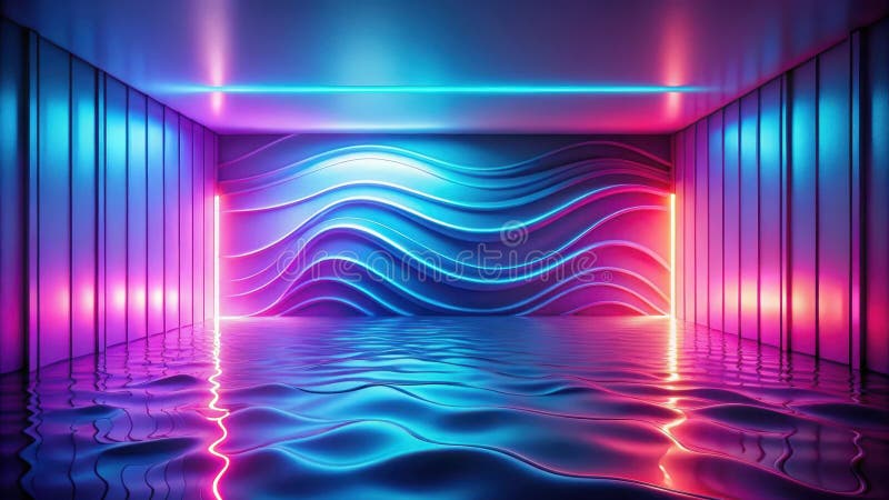 Abstrakter futuristischer Neonraum mit reflektierender Wasseroberfläche und dynamischen Wellenmustern. Generative AI vektor abbildung