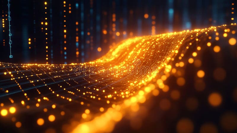 Abstrakter goldener Datenstrom, der im digitalen Cyberspace-Technologie-futuristischen Hintergrund fließt. lizenzfreie abbildung