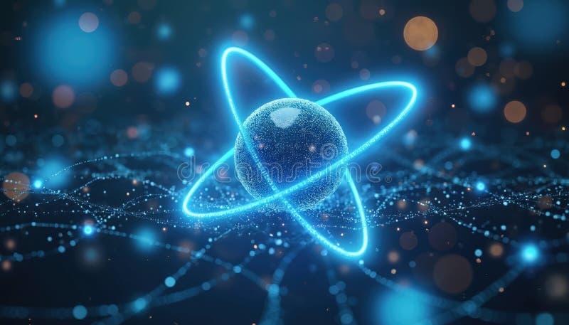 Abstrakter Hintergrund bei der KI erzeugte Kernenergie. Blaues Atom-Modell mit Umlaufbahnen. Künftige bahnbrechende Technologieinn vektor abbildung