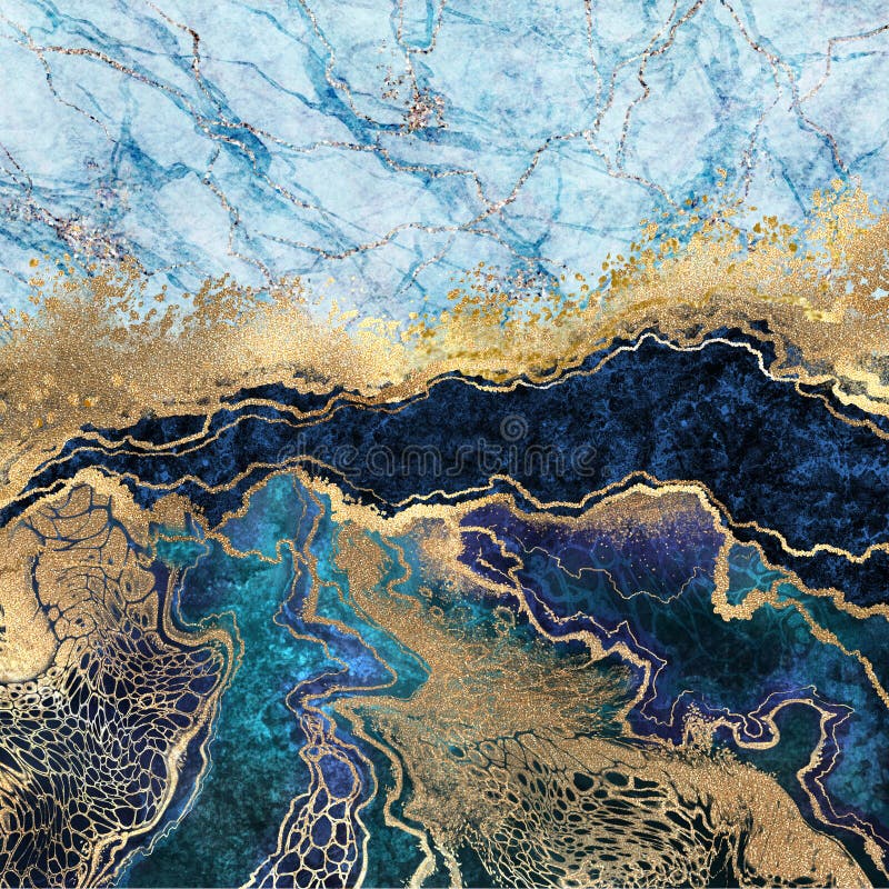 Abstrakter Hintergrund, blauer Marmor, gefÃ¤lschte Steintextur, flÃ¼ssige Farbe, Goldfolie und Glitter, bemalte, kÃ¼nstlich marmor