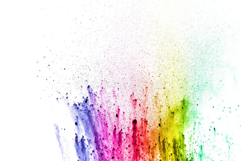 Abstract multicolored dust splatter on white background.Freeze motion of color powder explosion on white background. Abstract multicolored dust splatter on white background.Freeze motion of color powder explosion on white background.