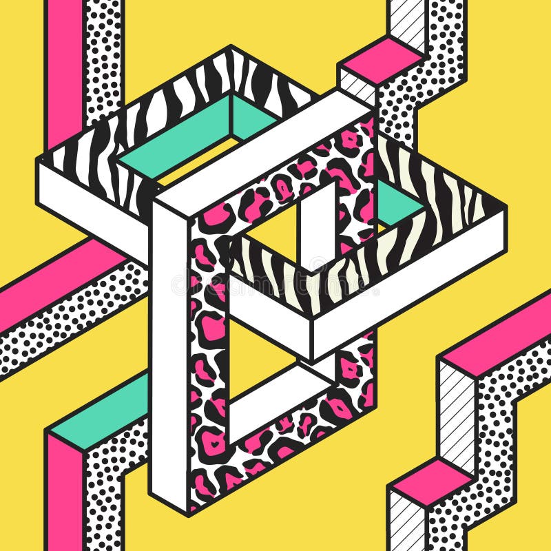 Abstrakter Memphis Seamless Patterns mit geometrischen Formen 3d Gewebe-Design der Mode-80s 90s Modischer Hippie-Hintergrund vektor abbildung