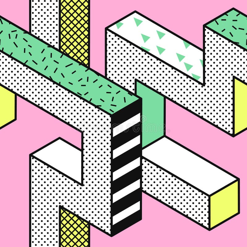 Abstrakter Memphis Seamless Patterns mit geometrischen Formen 3d Gewebe-Design der Mode-80s 90s Modischer Hippie-Hintergrund lizenzfreie abbildung