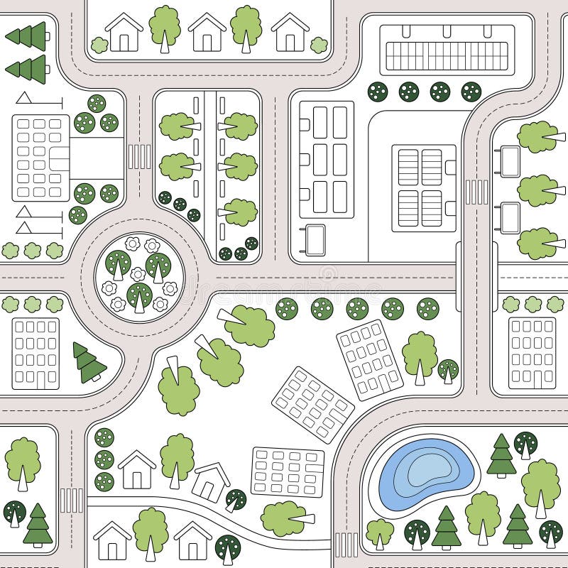 Abstrakter nahtloser Vektorhintergrund, Muster, Tapete, Hintergrund mit Häusern, Straßen, Bäume Urbaner Landschaftsplan stock abbildung Abstrakter nahtloser Vektorhintergrund, Muster, Tapete, Hintergrund mit Häusern, Straßen, Bäume Urbaner Landschaftsplan stock abbildung
