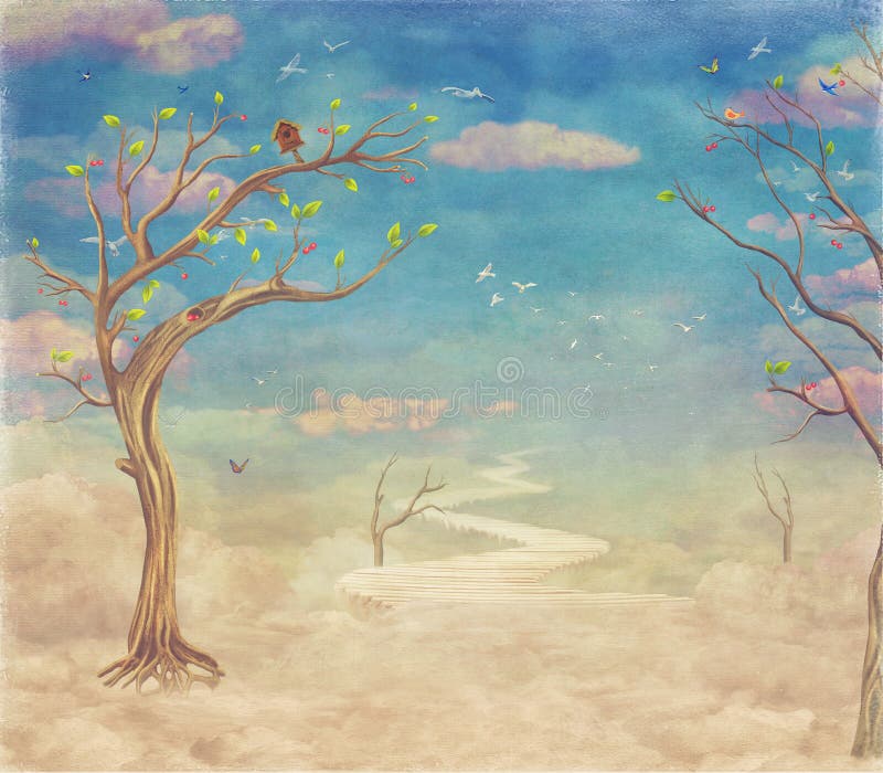 Abstrakter Naturhimmel der Weinlese mit Brücke, Bäumen und Wolkenhintergrund vektor abbildung Abstrakter Naturhimmel der Weinlese mit Brücke, Bäumen und Wolkenhintergrund vektor abbildung