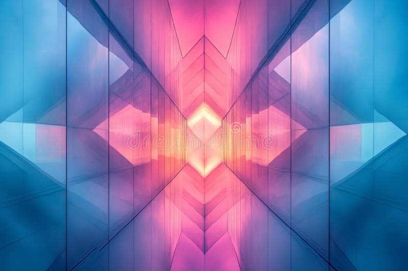 Abstraktes architektonisches Design mit einer Glasfassade, die lebendige rosa und blaue Lichter reflektiert und eine futuristische vektor abbildung