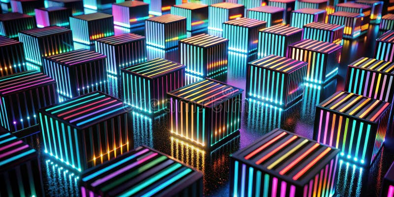 Abstraktes Array von illuminierten Würfeln mit lebhaften Neonstreifen. Generative AI lizenzfreie abbildung
