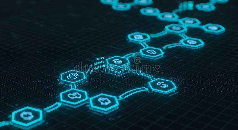 Abstraktes Blockchain Netzwerk mit Kryptowährungs-Icons vektor abbildung