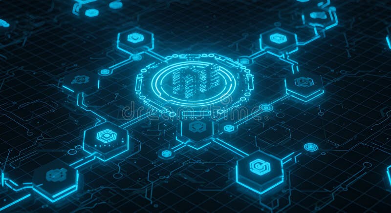 Abstraktes Blue Cyber Security Network mit Hexagonal Nodes lizenzfreie abbildung