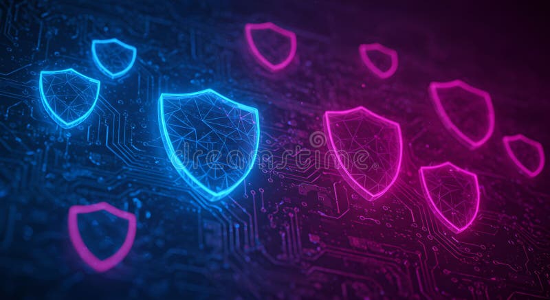 Abstraktes Cybersecurity-Schaltbrett mit leuchtenden Schildsymbolen stock abbildung