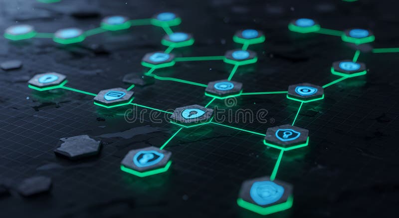 Abstraktes Cybersicherheitsnetzwerk mit glühenden Hexagonalsymbolen vektor abbildung