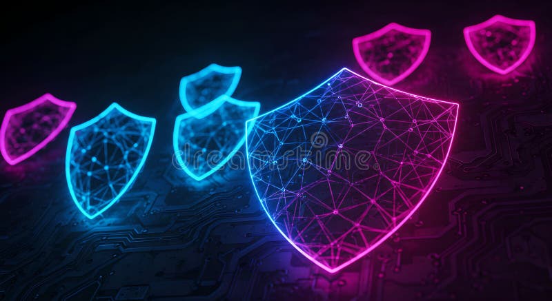 Abstraktes Cybersicherheitsnetzwerk mit glühenden polygonalen Schilden vektor abbildung
