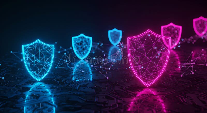 Abstraktes Cybersicherheitsnetzwerk mit glühenden polygonalen Schilden stock abbildung