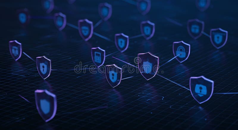 Abstraktes Cybersicherheitsnetzwerk mit glühenden Schild- und Lock-Icons lizenzfreie abbildung