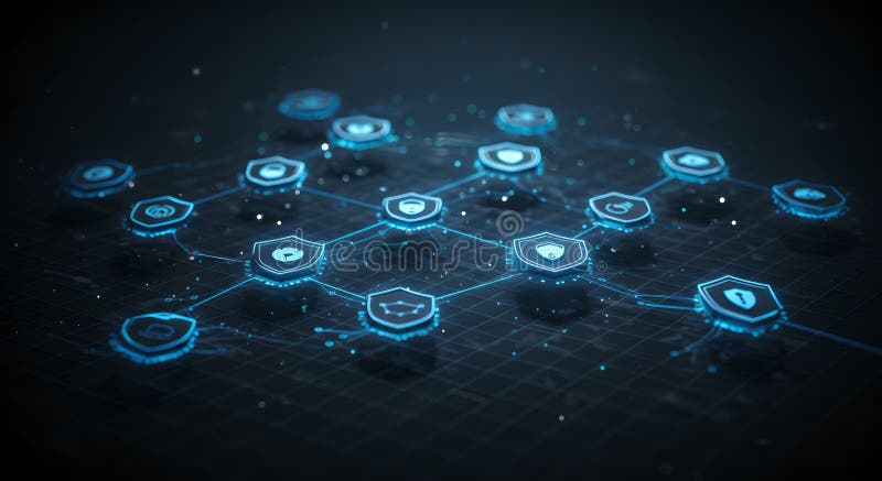 Abstraktes Cyberversicherungsnetz mit glühenden Schildbildern vektor abbildung