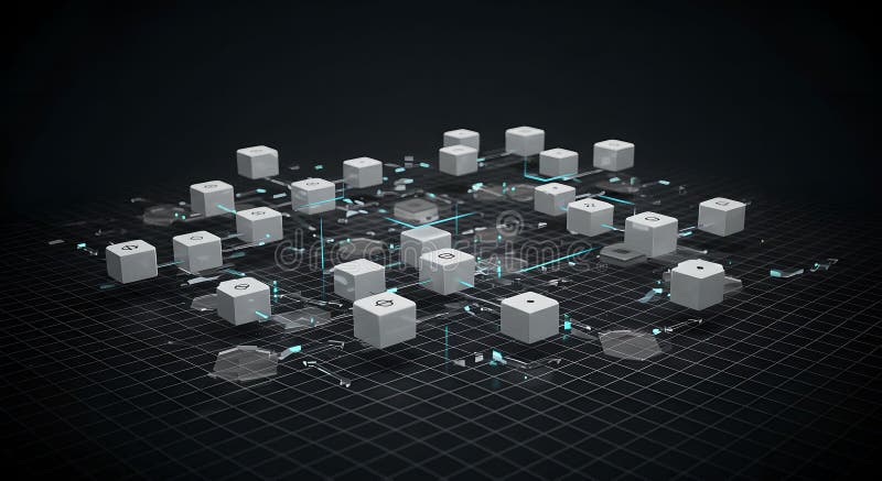 Abstraktes 3D Blockchain Network auf dunklem Grid Background stock abbildung