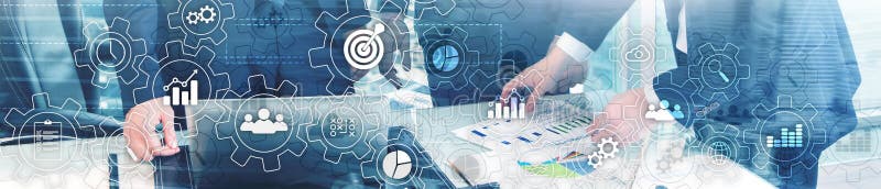 Abstraktes Diagramm des Geschäftsprozesses mit Gängen und Ikonen Arbeitsfluss- und Automationstechnikkonzept Websitetitel stockbild