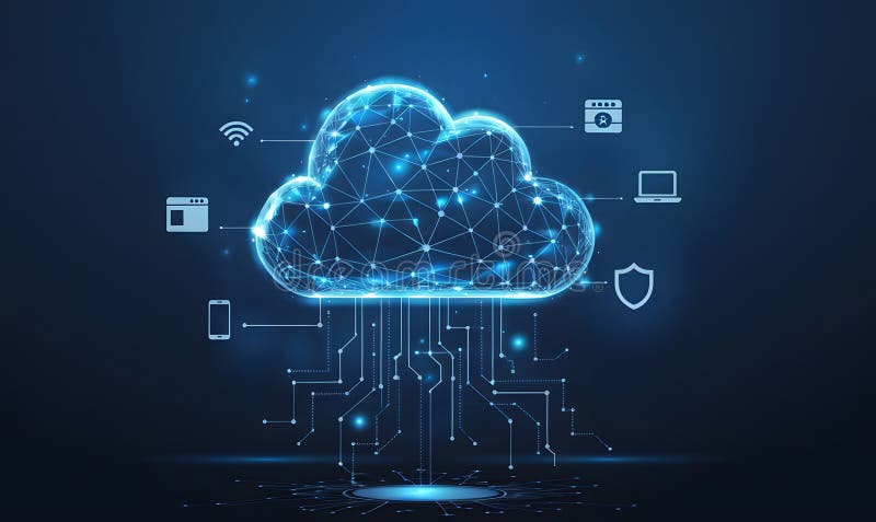 Abstraktes digitales Cloud Computing Netzwerktechnologie Datensicherheit Global Internet Server Web Blue Glow Lines Nodes Future lizenzfreie abbildung