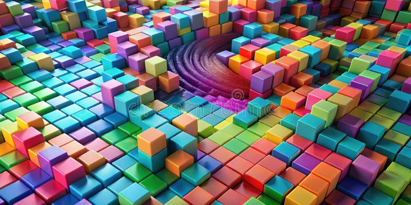 Abstraktes farbiges Würfel-Array mit wirbelndem zentralem Element. Generative AI lizenzfreie abbildung