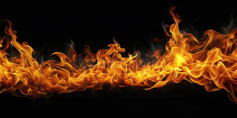 Abstraktes Feuer strahlt ein horizontales Panorama intensiver orangefarbener und gelber Flammen vor einem schwarzen Hintergrund, i lizenzfreie abbildung