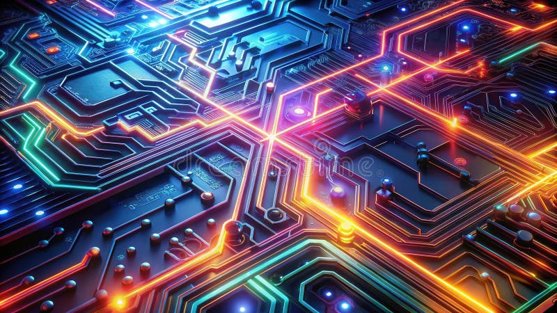 Abstraktes futuristisches Leiterplattendesign mit dynamischen Neonbahnen und leuchtenden Komponenten. lizenzfreie abbildung