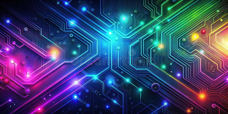 Abstraktes futuristisches Leiterplattendesign mit lebhaften Neonglühen und komplexen miteinander verbundenen Wegen. Generative AI stock abbildung